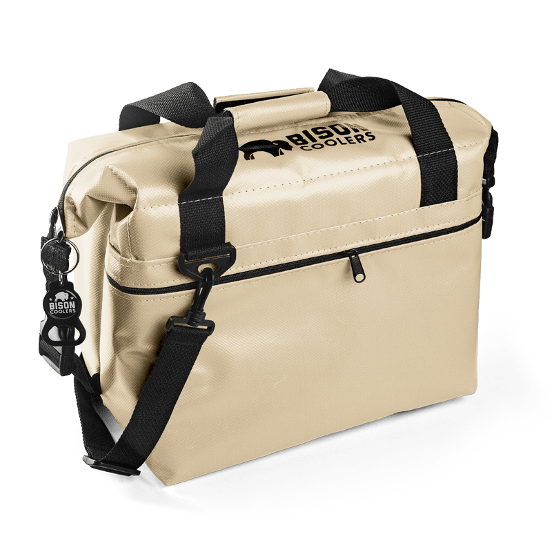 Bison Coolers 12-Can SoftPak Standard soft cooler bag in tan with black straps and bottle opener.