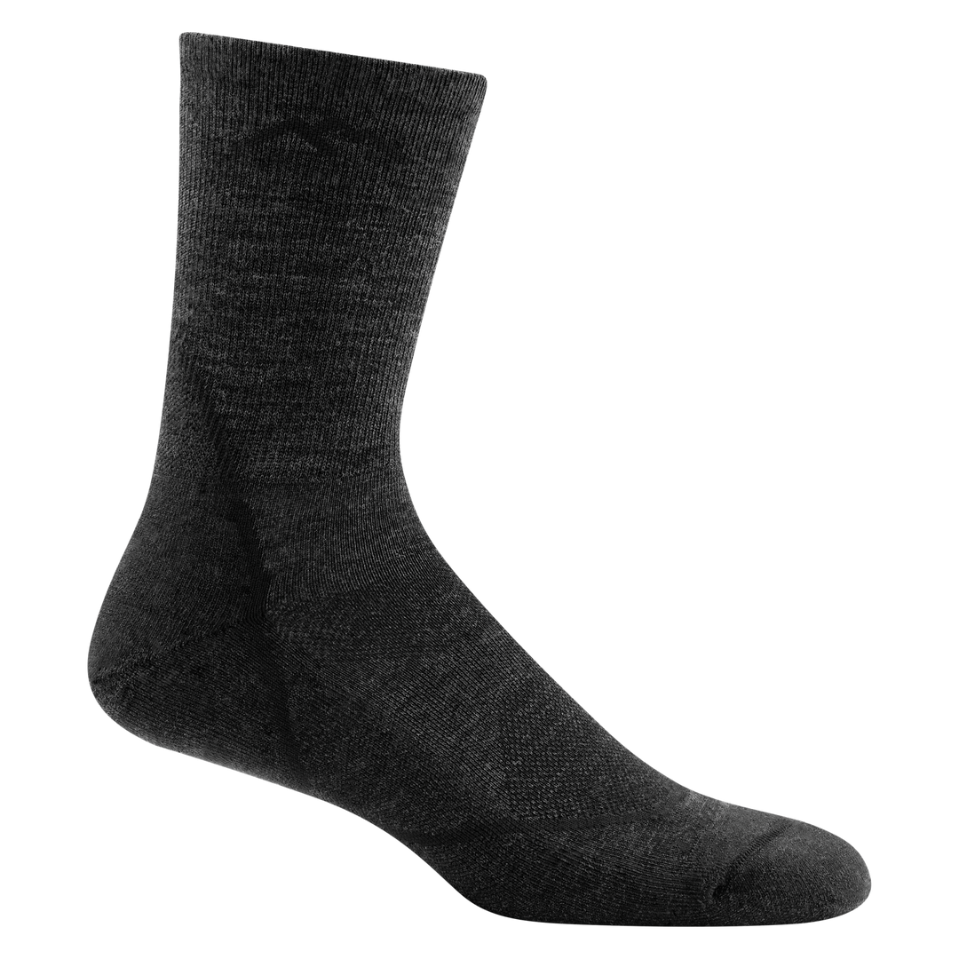 A single dark grey Darn Tough Men's Hiker Micro Crew Sock, made of merino wool, with ribbed cuff and cushioned sole.