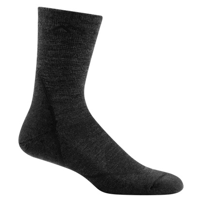 A single dark grey Darn Tough Men's Hiker Micro Crew Sock, made of merino wool, with ribbed cuff and cushioned sole.