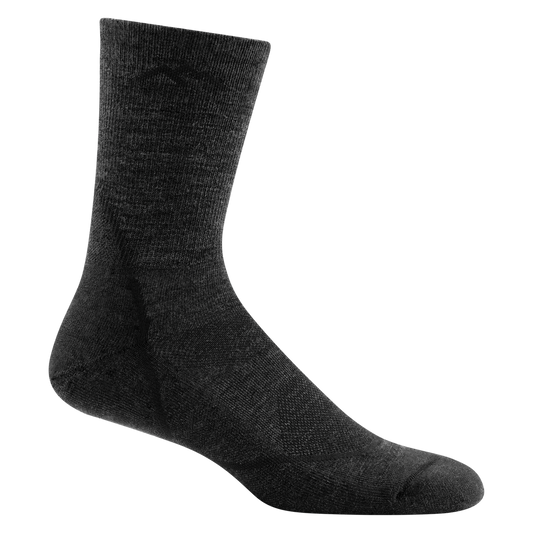 A single dark grey Darn Tough Men's Hiker Micro Crew Sock, made of merino wool, with ribbed cuff and cushioned sole.