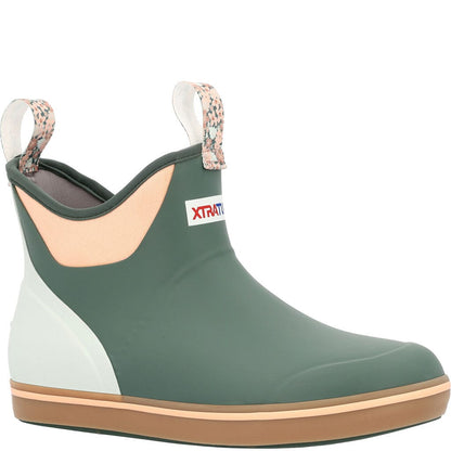 Women's Ankle Deck Boot - Garden Green | XTRATUF. Green boot with peach and white accents, brown sole.