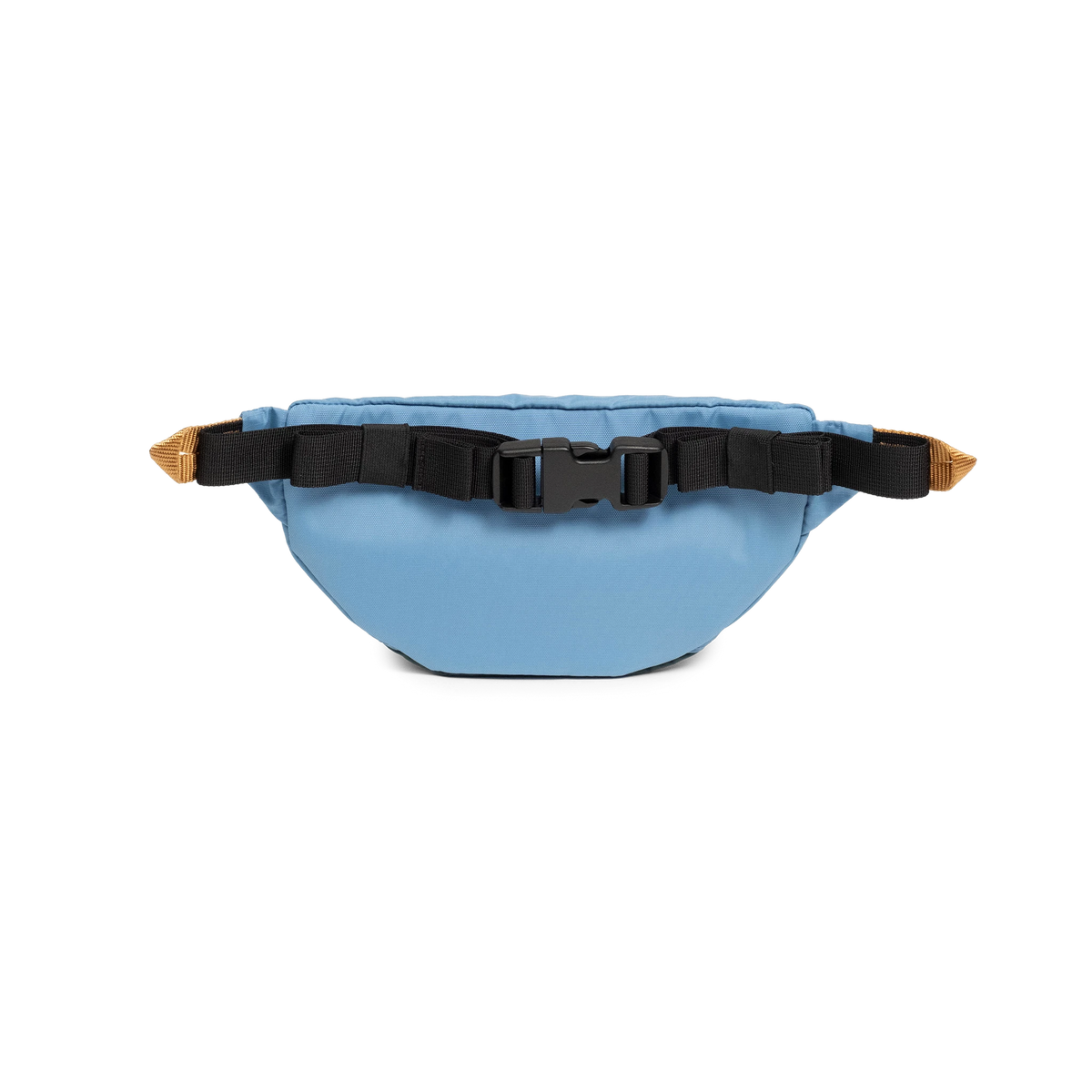 Topo Designs Mountain Waist Pack in light blue, featuring black adjustable straps and a secure buckle closure, presented on a black background.