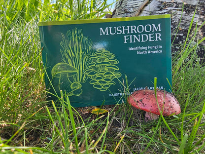 Mushroom Finder | Media Mercantile book on identifying fungi, beside a red mushroom and tree trunk in grass.