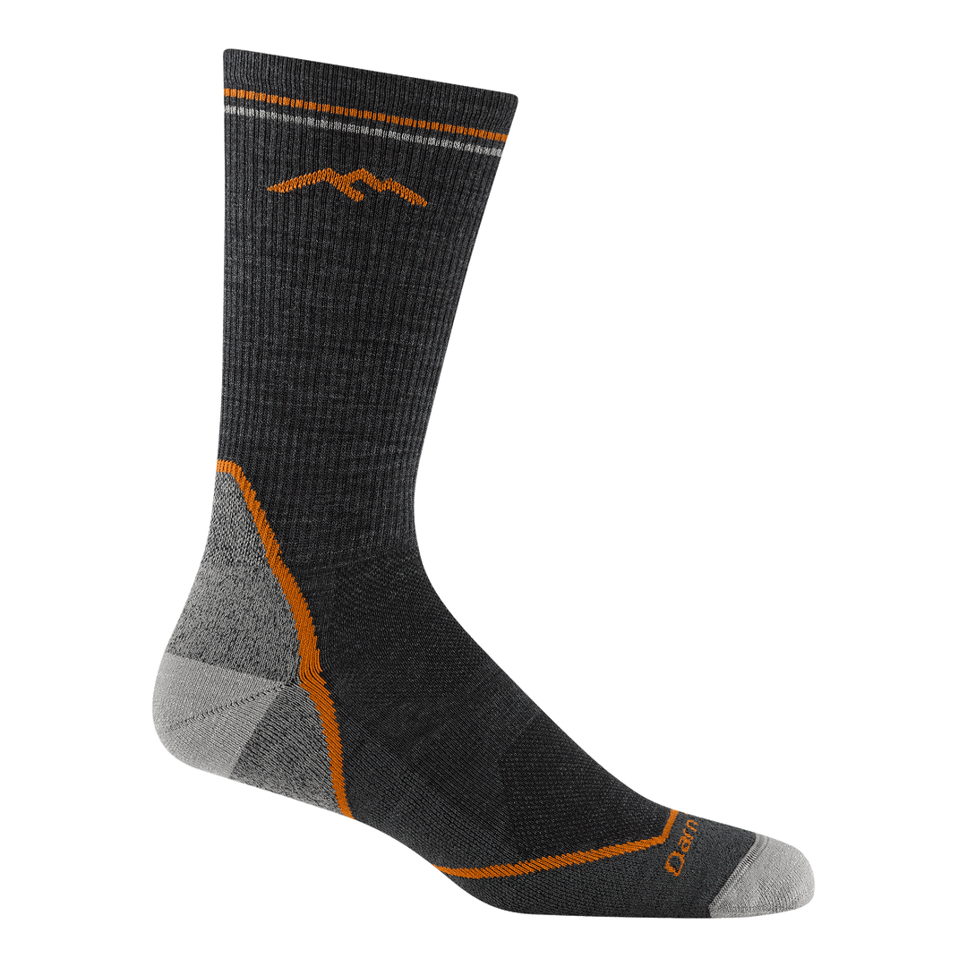 Darn Tough Men's Light Hiker Boot Socks, dark grey with orange accents and reinforced heel/toe for hiking comfort.