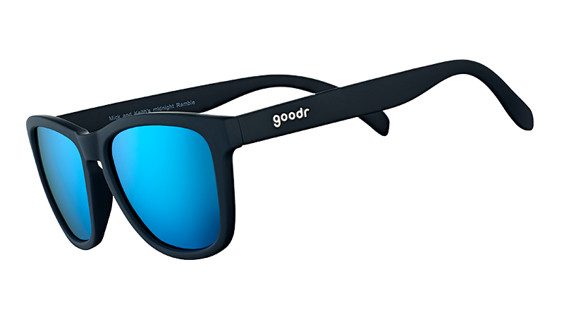 goodr Mick and Keith's Midnight Ramble sunglasses with matte black frames and reflective blue lenses