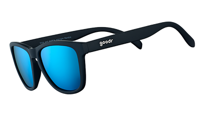 goodr Mick and Keith's Midnight Ramble sunglasses with matte black frames and reflective blue lenses