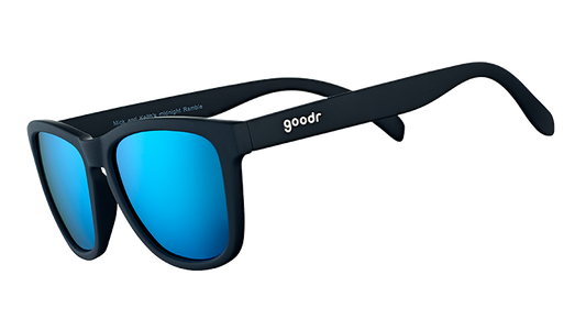 goodr Mick and Keith's Midnight Ramble sunglasses with matte black frames and reflective blue lenses