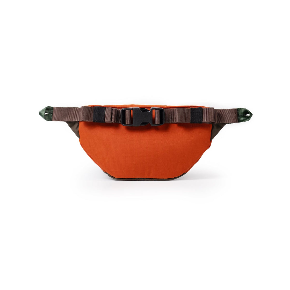 Topo Designs Mountain Waist Pack in vibrant orange, featuring a brown adjustable strap and black buckle closure, seen from above.