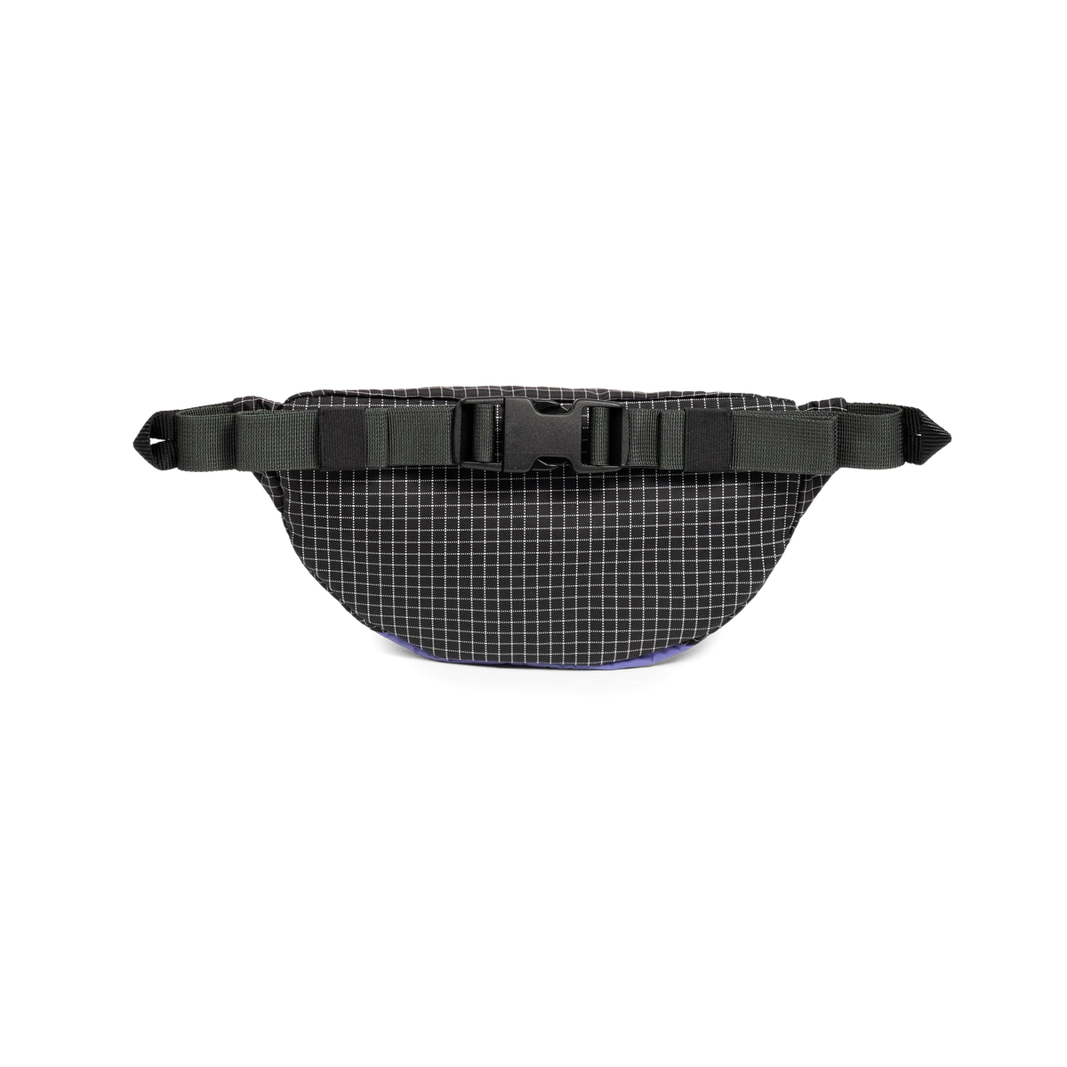 Topo Designs Mountain Waist Pack, black with white grid pattern, dark gray straps, and purple bottom, front view