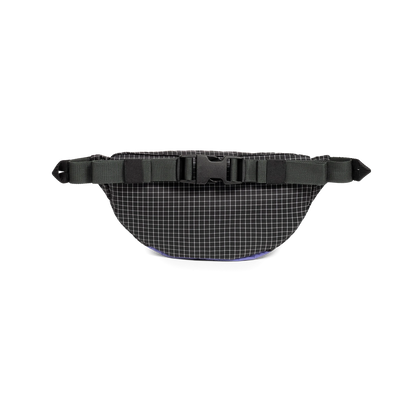 Topo Designs Mountain Waist Pack, black with white grid pattern, dark gray straps, and purple bottom, front view