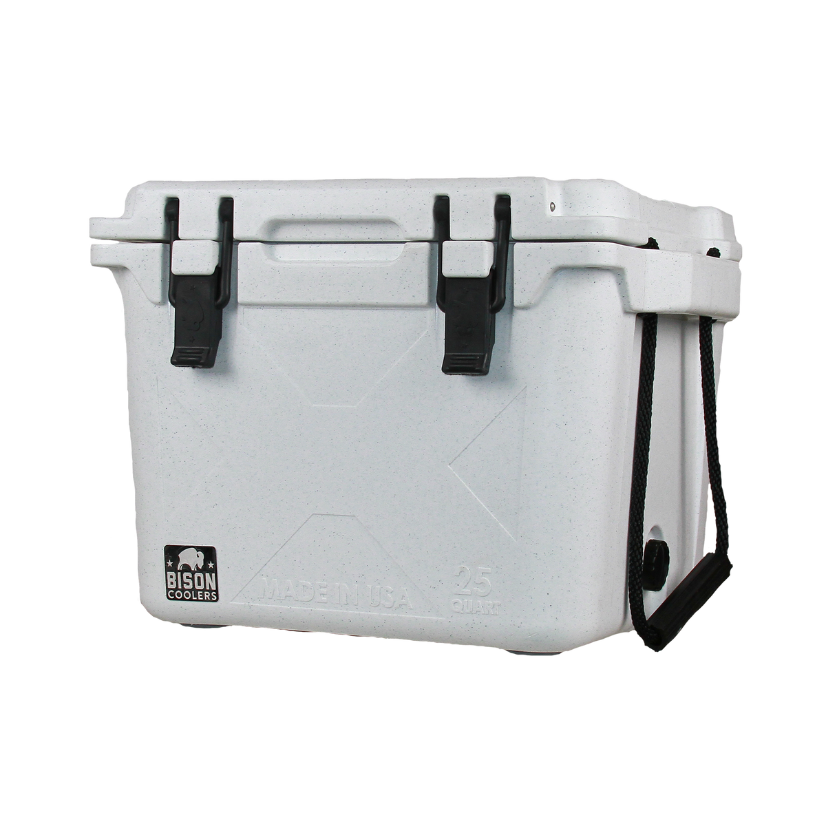 White 25 QT Bison Cooler by Bison Coolers, featuring black latches and rope handle, Made in USA.