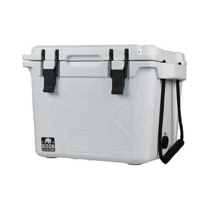 White 25 QT Bison Cooler by Bison Coolers, featuring black latches and rope handle, Made in USA.
