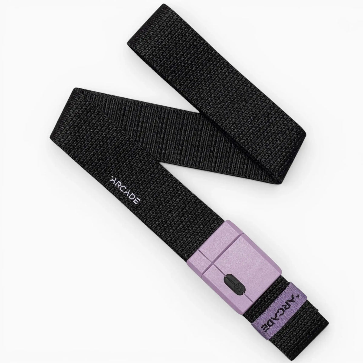 Polar Mag Stretch Belt by Arcade Belts in black with a purple magnetic buckle, laid out on a white background.