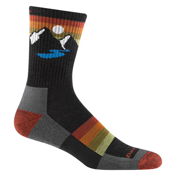 Darn Tough Men's Sunset Ridge Micro Crew sock, black with mountain and lake graphic, and colorful horizontal stripes.
