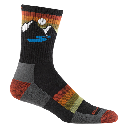 Darn Tough Men's Sunset Ridge Micro Crew sock, black with mountain and lake graphic, and colorful horizontal stripes.