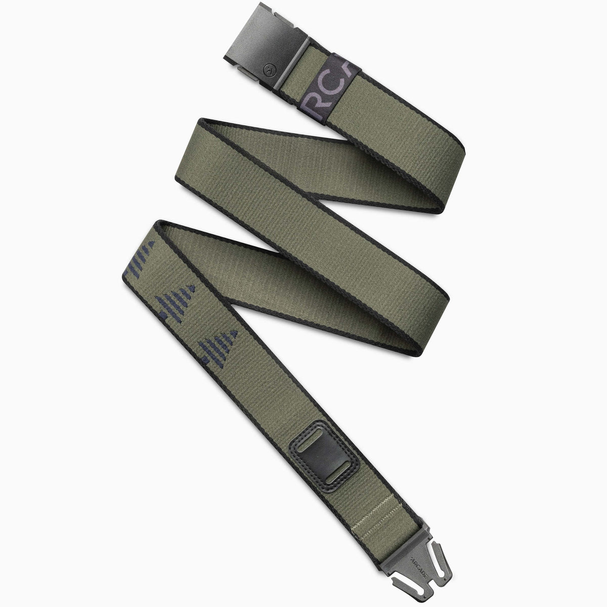 Blackwood Stretch Belt by Arcade Belts in olive green, featuring a black adjustable buckle and black trim, displayed.