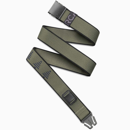 Blackwood Stretch Belt by Arcade Belts in olive green, featuring a black adjustable buckle and black trim, displayed.