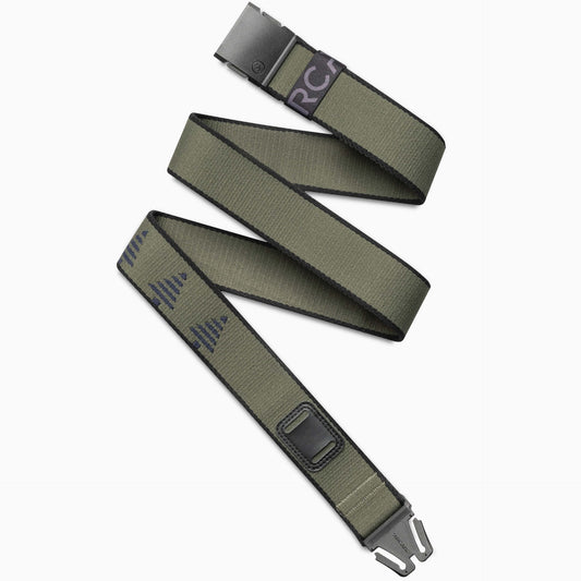 Blackwood Stretch Belt by Arcade Belts in olive green, featuring a black adjustable buckle and black trim, displayed.