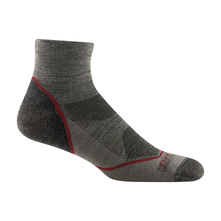 Darn Tough Men's Light Hiker Quarter Socks in grey with red accents, highlighting the quarter length and textured fabric.