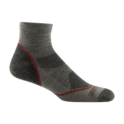 Darn Tough Men's Light Hiker Quarter Socks in grey with red accents, highlighting the quarter length and textured fabric.