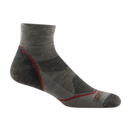 Darn Tough Men's Light Hiker Quarter Socks in grey with red accents, highlighting the quarter length and textured fabric.