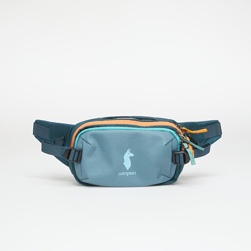 Cotopaxi Allpa X 1.5L Hip Pack in teal and orange, featuring the llama logo on the front pocket.