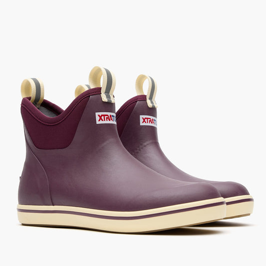 XTRATUF Women's Ankle Deck Boot in fig, showcasing the waterproof, short design with a cream sole and pull tabs.