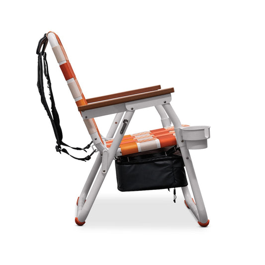 PARKIT Voyager Sunkissed beach chair, orange/white stripes, wooden armrests, attached cooler bag, cup holder, backpack straps.