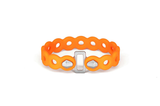 Orange silicone MODL Infinity Tools 4-Pack bracelet with interconnected loops and a silver metal clasp on a white background.