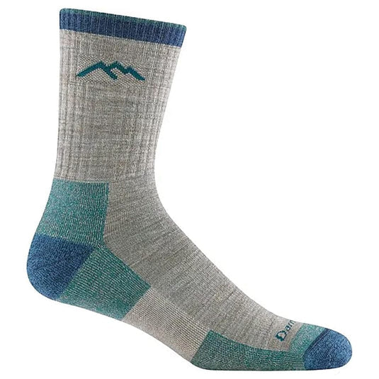 Darn Tough Men's Hiker Micro Crew Socks in gray, blue, and green with mountain logo, for comfortable hiking.