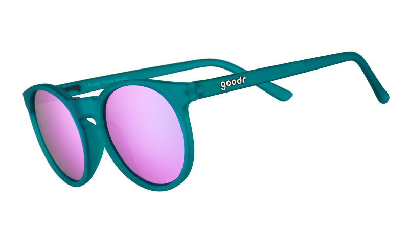 I Pickled These Myself goodr sunglasses, featuring round teal green frames and vibrant pink reflective lenses.