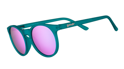 I Pickled These Myself goodr sunglasses, featuring round teal green frames and vibrant pink reflective lenses.