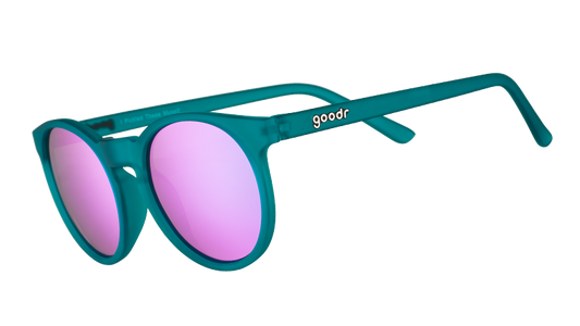 I Pickled These Myself goodr sunglasses, featuring round teal green frames and vibrant pink reflective lenses.