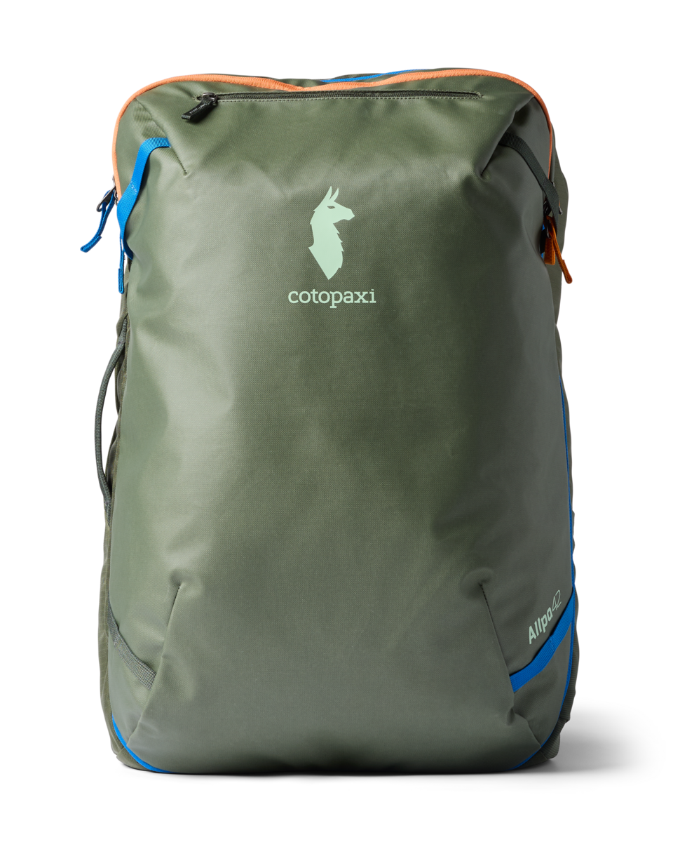 Cotopaxi Allpa 42L Travel Pack in olive green with orange and blue accents, displayed against a black background.
