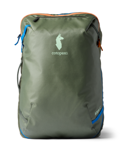 Cotopaxi Allpa 42L Travel Pack in olive green with orange and blue accents, displayed against a black background.