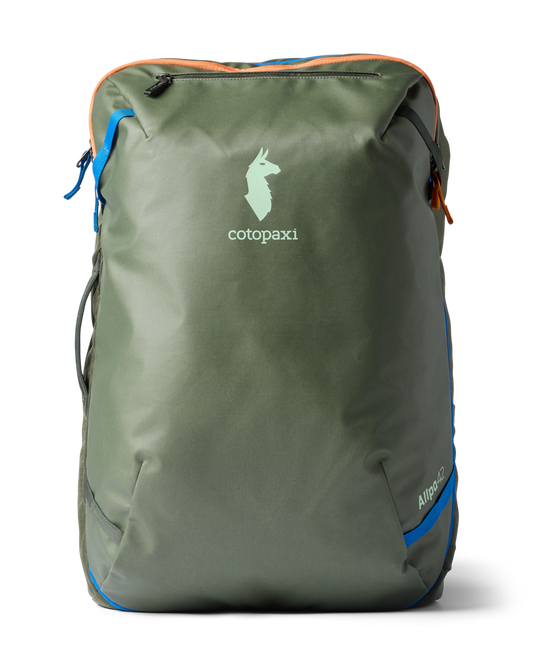 Cotopaxi Allpa 42L Travel Pack in olive green with orange and blue accents, displayed against a black background.