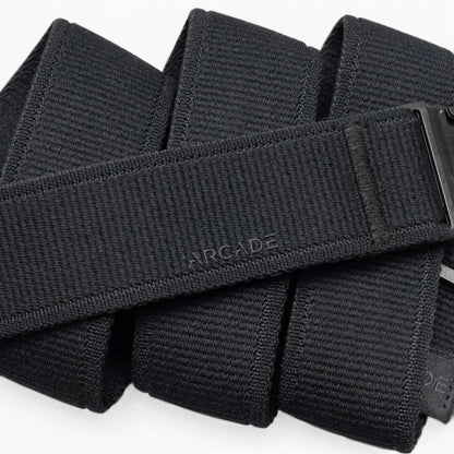 Arcade Atlas Stretch Belt, black woven elastic belt with black buckle and embossed Arcade logo.