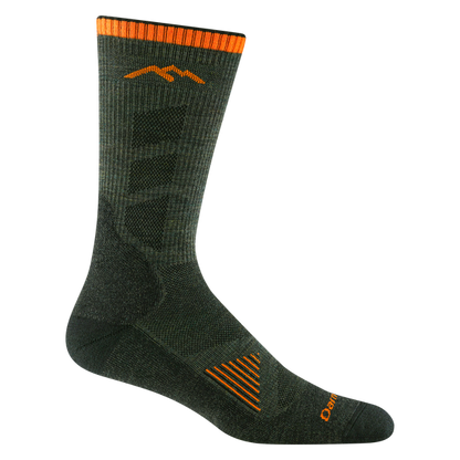 Darn Tough Men's Hunting Boot Midweight Socks in olive green with orange cuff and mountain logo on a white background.