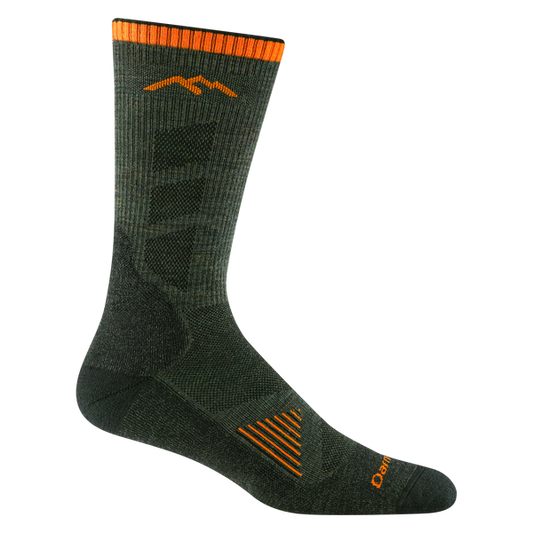 Darn Tough Men's Hunting Boot Midweight Socks in olive green with orange cuff and mountain logo on a white background.