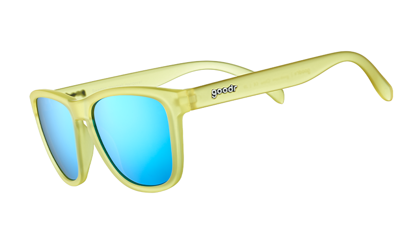 goodr 'Swedish Meatball Hangover' sunglasses with yellow-green frames and vibrant blue mirrored lenses.