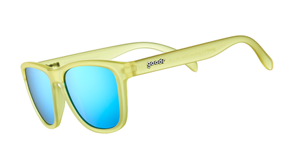 goodr 'Swedish Meatball Hangover' sunglasses with yellow-green frames and vibrant blue mirrored lenses.