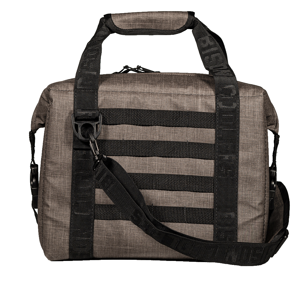 Bison Coolers 12-Can Hayden SoftPak in grey, front view with shoulder strap, top handle, and molle webbing.