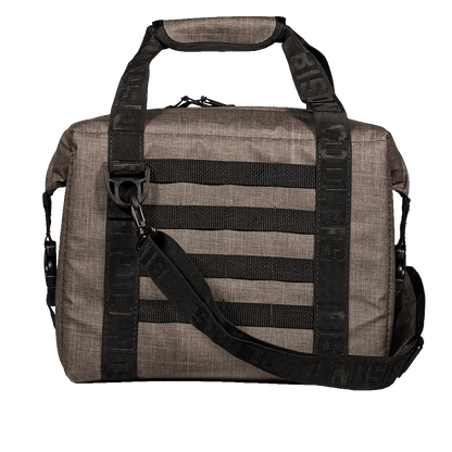 Bison Coolers 12-Can Hayden SoftPak in grey, front view with shoulder strap, top handle, and molle webbing.