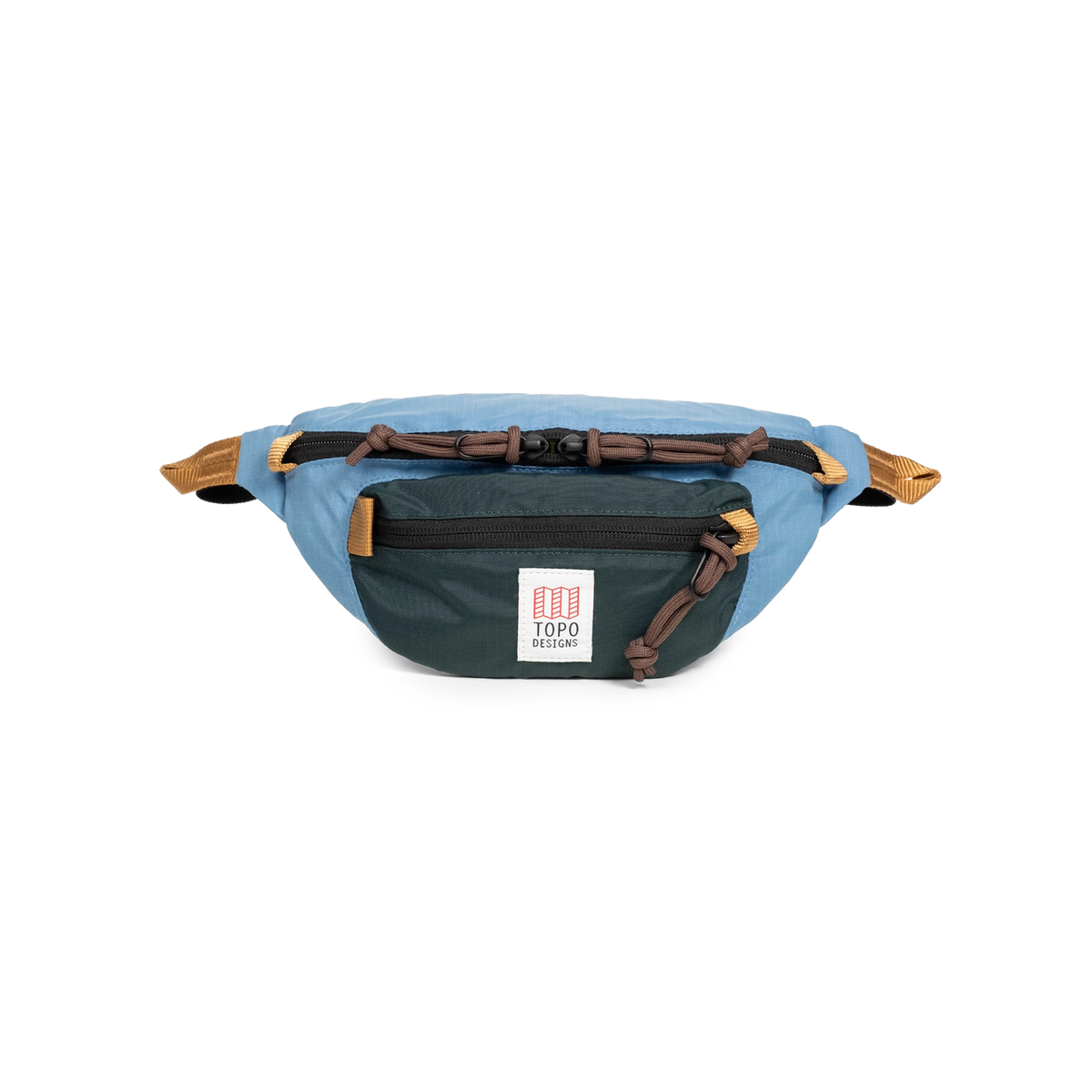 Topo Designs Mountain Waist Pack in light blue and dark green with brown accents, displayed on a white background.