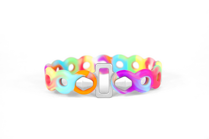 MODL Infinity Tools 4-Pack vibrant multi-color silicone band with interconnected infinity links and silver buckle.