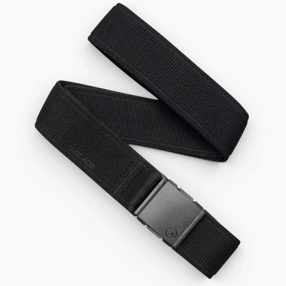 Black Arcade Atlas Stretch Belt with black buckle, featuring the Arcade logo, displayed folded on a white background.