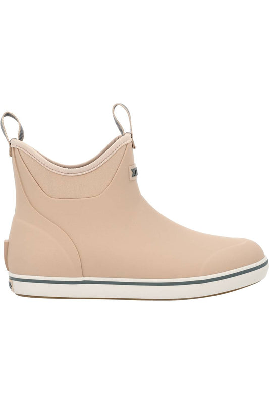 XTRATUF Women's Ankle Deck Boot in Warm Taupe, a waterproof ankle boot with pull tabs and a white sole.