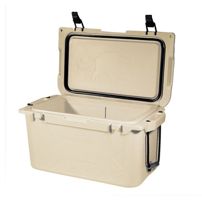 Tan 50 QT Bison Cooler by Bison Coolers, open with the lid showing an embossed bison logo.