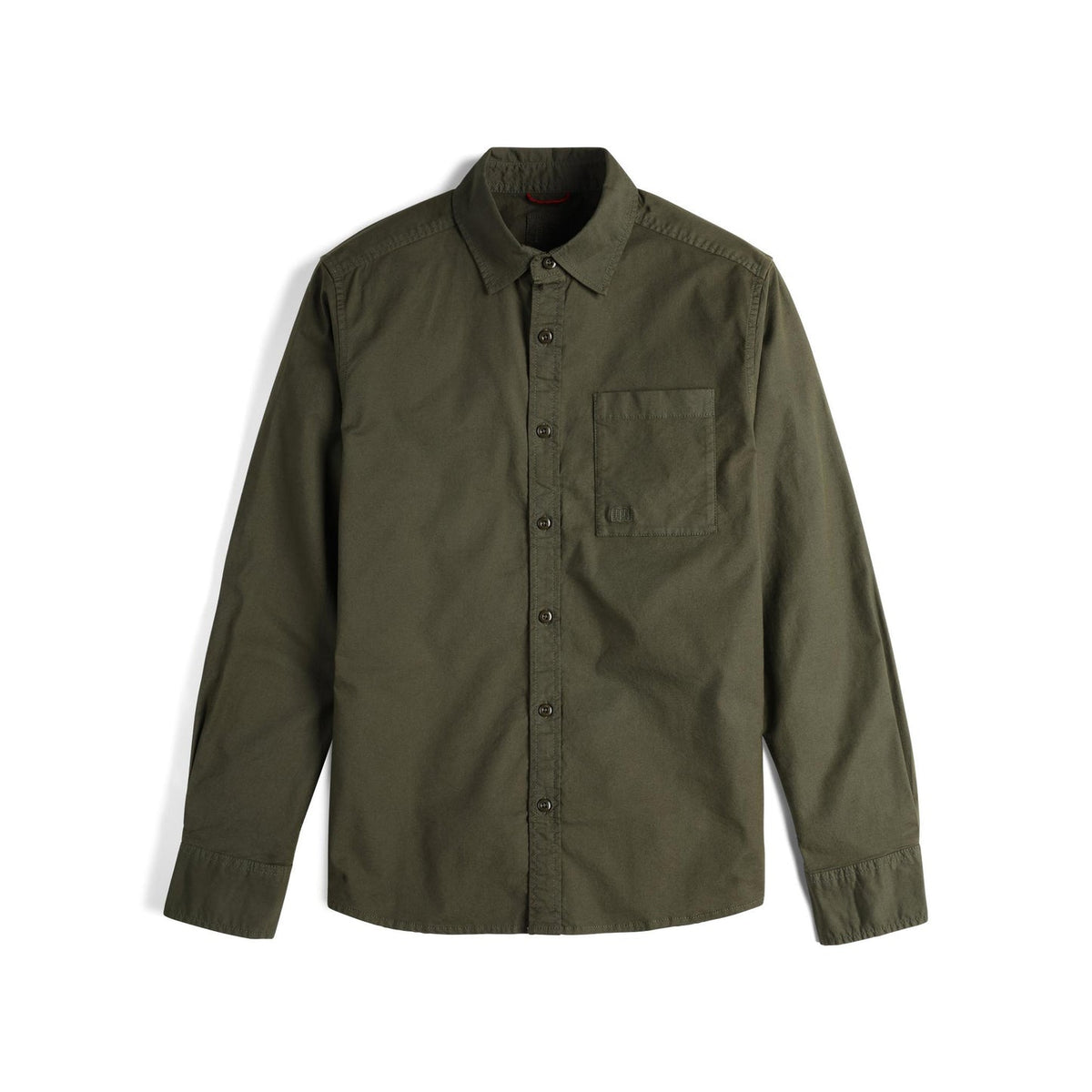 Dark olive green long-sleeve Topo Designs Men's Desert Shirt with a chest pocket, shown flat on a white background.