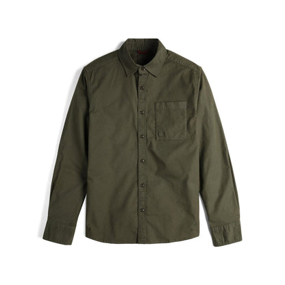 Dark olive green long-sleeve Topo Designs Men's Desert Shirt with a chest pocket, shown flat on a white background.